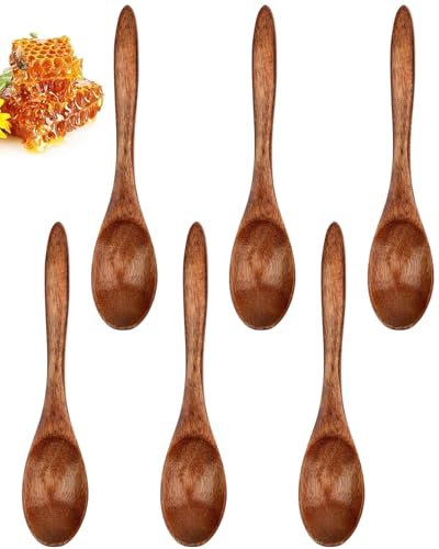 WUNZILO 6 pcs Honiglöffel Holz, Handgefertigter Holzlöffel Klein Natürliches Nanmu Suppenlöffel Mischen Rühren Kochen Wooden Spoon für Heiße Schokolade Honig Kaffee Tee Küchenzubehör (Braun)