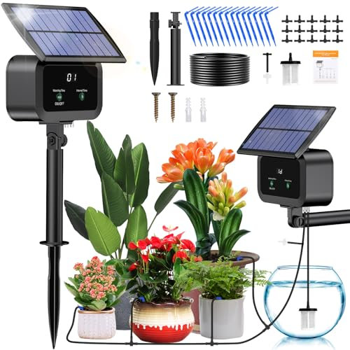 Kit di Irrigazione Automatica Solar, Sistemi di Irrigazione Automatico da Giardino, Sistemi di Irrigazione Solare con Timer + Tubo Flessibile da 15M per Giardin, Balcone, Piante in vaso
