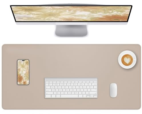 NUOYOU Leather Desk Pad Protector Large Mouse Pad, Stitched Locking Edge Non-Slip PU Leather Desk Mat Laptop Desk Pad Blotter, Waterproof Durable Writing Pad for Office and Home (Beige, 120 x 43cm)