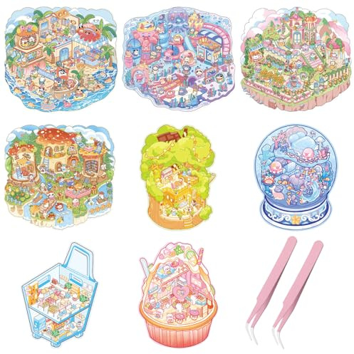 GAROMIA Aufkleber 8 sets sticker scene DIY 3D Sticker House 3D Stickers Scene mit 2 Pinzette DIY Miniatur Haus von Bäckerei Vergnügungspark für Erwachsene und Kinder