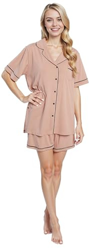 Daisy Dreamer Womens Short Pyjamas set Top and Shorts Bottom PJs Super Soft Sleepwear Nightwear Button Up Design with Pockets, X Large Natural