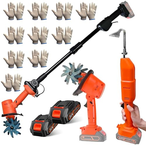 Electric Garden Tiller, 21v Cordless Tiller Cultivator, 235rpm Garden Front Tine Tiller Rotavator with Telescopic Pole & 2 Batteries,10cm Tilling Width,10cm Working Depth, for Weeding, Cultivator