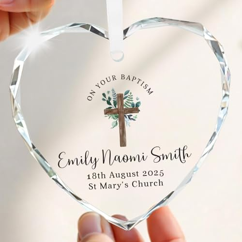 Beecreative Personalised Baptism Gifts for Girls - Crystal Glass Heart Ornament - Custom Baptism Plaque Gift for Adults Women - With Keepsake Gift Bag
