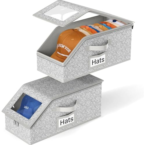 MISSLO 2 Pack Hat Organizer for Baseball Caps, Stackable Hat Racks Holder Cap Storage Container for Closet Sturdy Snapback Hats Box for Men with Cardboard, Grey