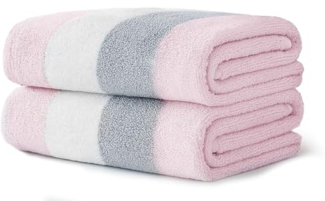 Velosso 2 Pack 100% Cotton Striped Multi Supreme Cotton Towels Hand Bath or Sheet, Quick-Dry, Soft Absorbent, Striped Design Hotel Spa, Fade Resistant Towels (Pink, Hand)