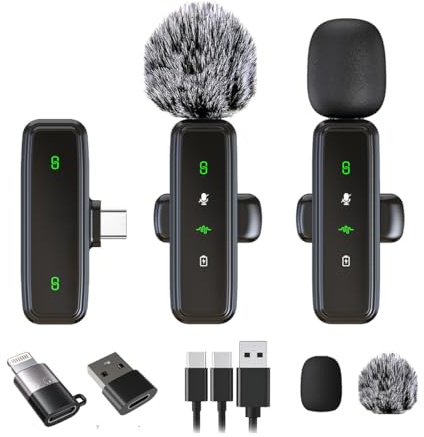 Mini-Mikrofon, kabelloses Lavalier-Mikrofon für i-Phone, i-Pad, Android, 2er-Pack Mini-Mikrofon mit Rauschunterdrückung, Auto-Pairing und LED-Anzeige, kristallklare Aufnahme für Vlogging