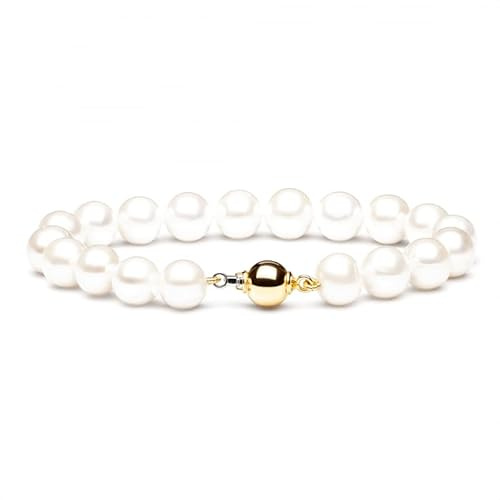 Gaura Perlenarmband weiß 8,5–9,5 mm – Runde Süßwasserperlen – 18–22 cm – Perlenschließe aus 14K Weiß-/Gelbgold