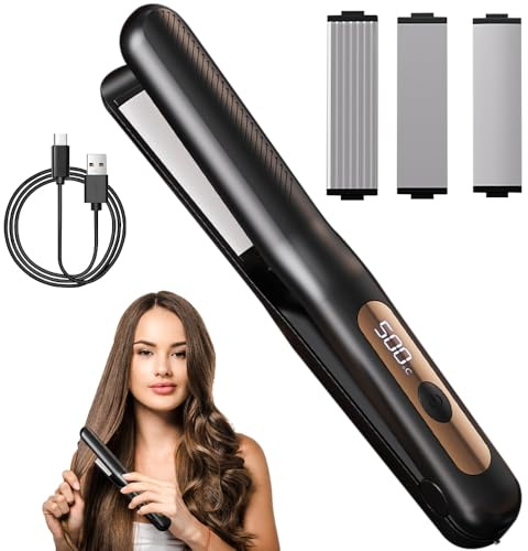 BIZOI 2 in 1 Glätteisen Locken, Glätteisen Kabellos, Mini Haarglätter, Mini Lockenstab mit 3 Einstellbaren Temperaturen, LCD-Display für Langes Kurze Haare Glätten Wellen Locken Nach Innen Pony