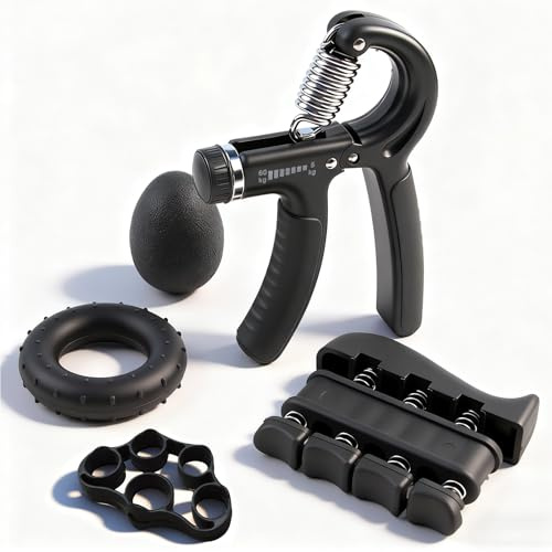 Handtränarset 5 delar – justerbar handtränare (5–60 kg), fingertränare, fingerstretchband, handkraftsring och stressboll – greppkraft och rehabiliteringsutrustning