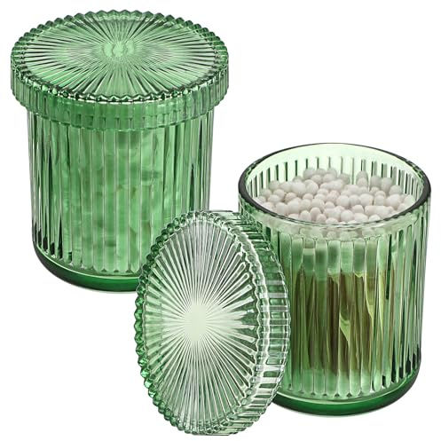 OGANAZI 2 Stück Glas Wattestäbchen Behälter Wattepads Box mit Deckel Grün | Rund Wattepadspender Klein Organizer Schminktisch Deko Aufbewahrungsbox für Badezimmer, Schlafzimmer, Waschbecken, Waschtisch