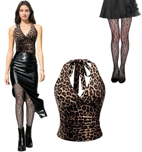 Top Leopardo Mujer con 1 Par de Medias, Top de Cuello Halter con Estampado Leopardo, Top Festival Party Y2K Escote V Sexy, Moda Urbana Nuevo