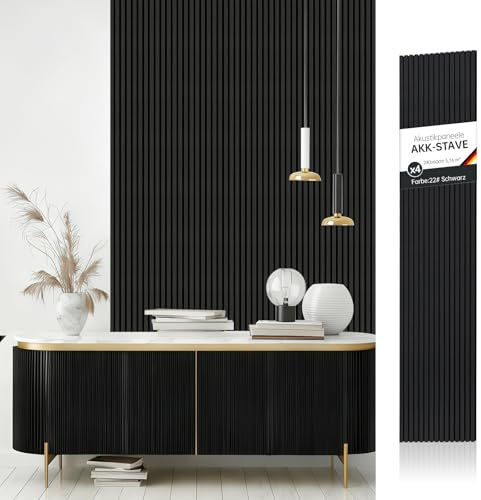 AKK-STAVE Akustikpaneele Holz 240x60 cm (4er-Set 5,76 m²) - Akustik Paneele & Holzpaneele Wand Holzfurnier 3D Paneele Wand als Wandverkleidung Innen für Wohnzimmer(Schwarz)