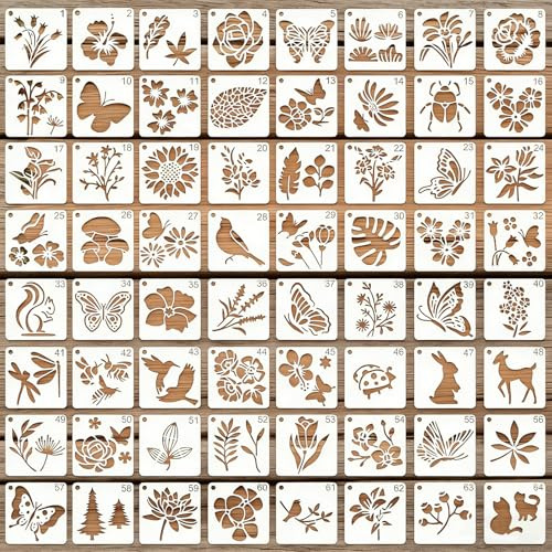 64 Stück Malerei Schablonen Set, 7.6x7.6cm, Schablonen Set Zum Malen Tiere Blume Für Diy, Möbel, Holz, Boden, Scrapbooking, Textilgestaltung & Handwerk