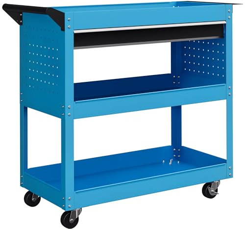 DURHAND Carro de Taller, Carro de Herramientas con 3 Bandejas, Cajón, Panel Lateral Perforado, Asa Lateral, Ruedas con Frenos, para Garaje Mecánico, Hogar, Azul