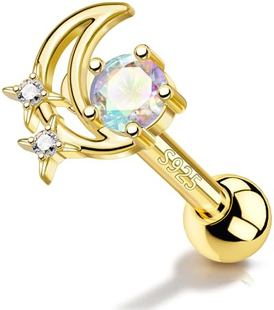 OUFER 18G Helix Piercings 925 Sterling Silber Conch Tragus Stecker 6mm Mond Stern Nasenstecker Vorwärts Knorpel Ohrringe Labret Lippenpiercing Silber Gold für Frauen