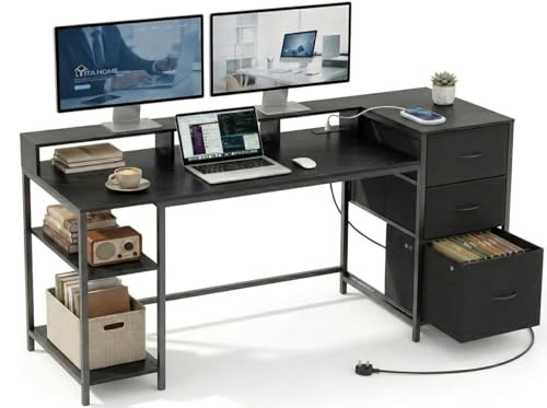 YITAHOME Eckschreibtisch mit Steckdose und Schubladen, 144cm Computertisch | 2 Steckdosen, 2 USB, Monitorständer, Regale, Stauraum, Schwarz, P2 Spanplatte, Metallrahmen, für Homeoffice, 144x50 cm