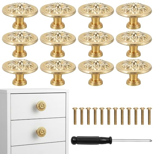 FDHBDF 12 stycken skåpknoppar möbelknoppar vintage 30 mm runda, med skruvar och skruvdragare, retro möbelhandtag för skåp, byråer, lådor (guld)