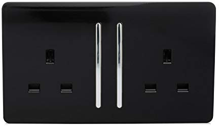 Trendi Switch ART-SKT213LBK Trendi 2 Gang Artistic Modern Glossy Switched Tactile Plug Socket - Black