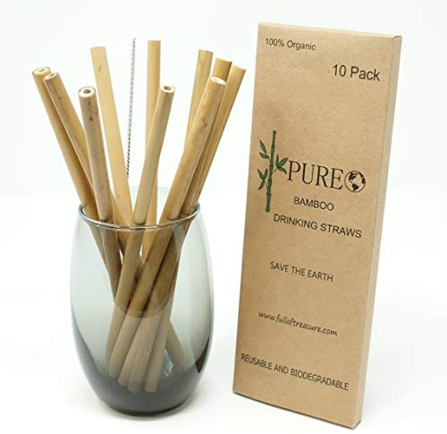 Organic Bamboo Straws | All Nature Biodegradable Reusable Bamboo Drinking Straws | Set of 10 Pack 8 | Reusable Straws | Cleaner Brush Included, | Alternative to Plastic
