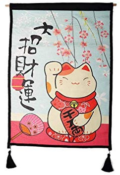lachineuse – Tapiz de pared japonés Maneki Neko Sakura – Decoración japonesa para colgar – 65 x 45 cm – Gato japonés Kawai – Lucky Cat – Mural – Flores de cerezo – Idea de regalo de Japón