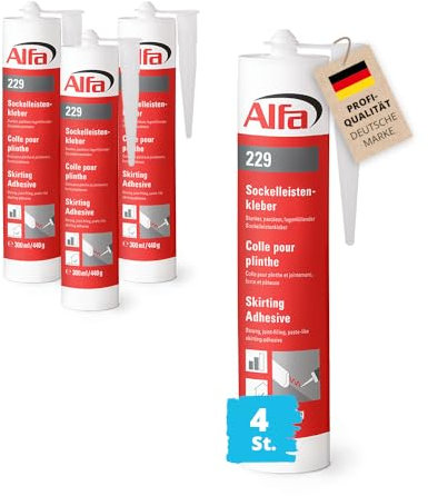 4x Sockelleistenkleber 429 g weißer Montagekleber mit hoher Anfangshaftung zur Befestigung von Sockelleisten