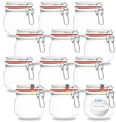BAUER Flaschenbauer - 12-teiliges Set Drahtbügel-Vorratsgläser 634ml, geeignet als Einmach- und Fermentierglas, zur Aufbewahrung, zum Befüllen, Drahtbügelgläser Inklusive Etiketten - Made in Germany