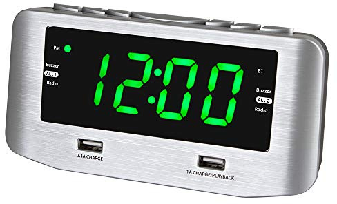 HANNLOMAX HX-146CR Alarm Clock Radio, PLL FM Radio, Dual Alarm, 1.2 Green LED Display, Bluetooth, USB Ports for Charging and MP3 Playback (Silver)