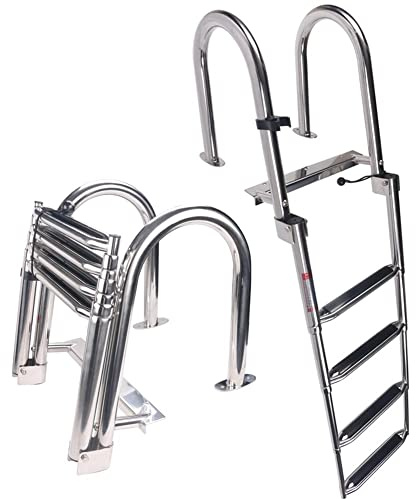 Stainless Steel in-Board 4-Steps Ladder Welded Reinforce Folding Docking Ladder, Folding Telescoping Rear Entry Inboard Ladder