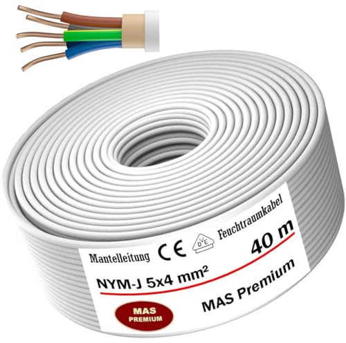 MAS Premium Feuchtraumkabel Stromkabel Mantelleitung Deutscher Marken-Elektrokabel Ring zur Verlegung über, auf, in und unter Putz, in trockenen, feuchten und nassen Räumen (NYM-J 5x4 mm², 40m)