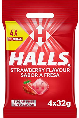 Halls Caramelos Sabor Fresa, Sin Azúcar, Paquete de 4 x 32 g