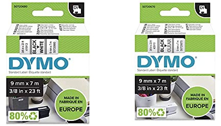 DYMO D1-Etikettenband Authentisch | 9 mm x 7 m | schwarzer Druck auf weißem Untergrund & D1-Etikettenband Authentisch | schwarzer Druck auf transparentem Untergrund | 9 mm x 7 m