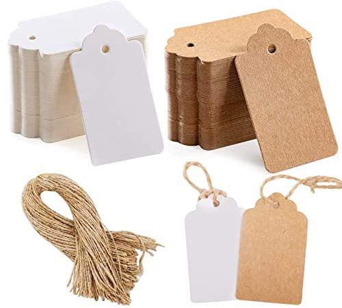 Gtwinsone 200 Pezzi Etichette Carta Kraft Vuote Tag Regalo Cartoncino Personalizzate con Spago di Juta Etichette Prezzi Etichette Vino Rettangolo 3x5 cm Marrone e Bianco per Matrimonio San Valentino