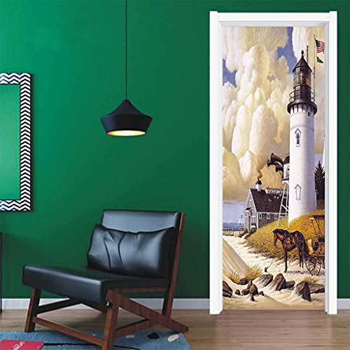 CBWRAW 3D Türtapete Fototapete Selbstklebend Türposter Abnehmbar PVC Fototapete Türfolie Küsten-Leuchtturm-Gebäude Muster Türaufkleber Für Wohnzimmer Erwachsene Kind Schlafzimmer Küche 77x200cm