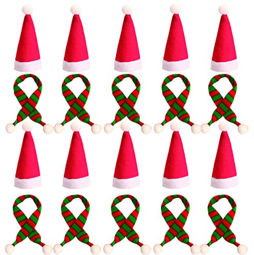 Dereine 20 Stück Mini Weihnachtsmütze, Kleine Weihnachtsmütze und Schal Set, Nikolausmütze Klein für Weihnachten Weinflasche Abdeckung, Puppenhaus, Weihnachtsfeiern