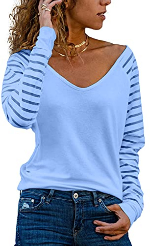 Homlan Blusa de Rayas, de Manga Larga, para Mujer, Cuello de Pico, de Malla, Suelta, Elegante, Informal