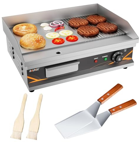 DULNICE Kommerzieller Grillplatte Elektrisch 54cm Gerillt & Flache | Edelstahl Elektrische Grillplatte Temperaturbereich 50-300°C,inkl. Spatel & Bürste für Restaurants & Imbisse,3000W