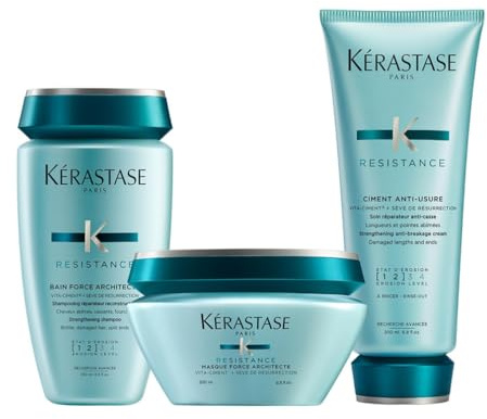 Kérastase, Résistance, Pflegeroutine mit Shampoo, Haarmaske und Hitzeschutz, Für geschädigtes und strapaziertes Haar, Aufbauend und stärkend