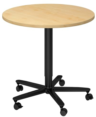 bümö Säulenhubtisch höhenverstellbar, Stehtisch Büro, Bistrotisch rund 80 x 80 cm - Besprechungstisch Ahorn, Stehtisch Holz-Platte, Säule aus Metall in schwarz, Säulentisch, Hochtisch