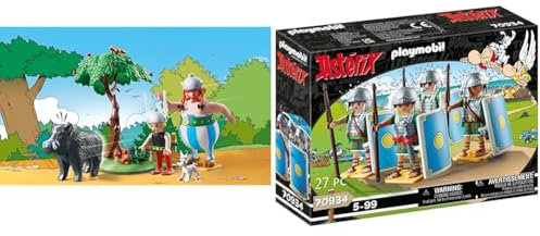 PLAYMOBIL Asterix 71160 Wildschweinjagd, Mit kippbarem Baum & Asterix 70934 Römertrupp bestehend aus Vier Römern mit Helmen, Schwertern und Schilden
