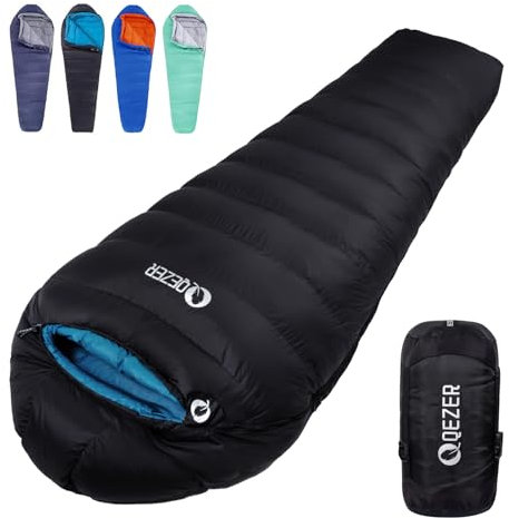 QEZER Daunenschlafsack Winter Daunen Schlafsack Outdoor 0°C bis -23°C für Erwachsener und Kind Alle Jahreszeiten Camping (Schwarz 0°C)