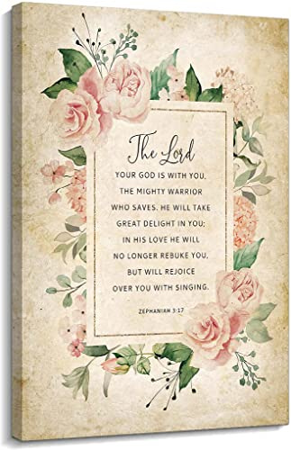 Zephaniah 3 17 Bible Scripture Wall Art Bible Verse Poster for Bedroom Decoration Artwork Giclee Fine Art Print on Canvas Pictures for Hallway (12x18inch(30x45cm),Framed)