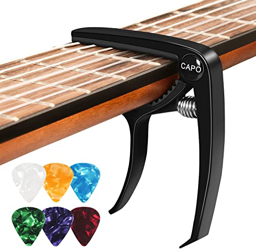 Cejilla Guitarra Española, Cejilla Guitarra Acustica con 6 Púas para Guitarra, Capo para Electrica Guitar Ukelele Profesional Capodastro Aleación Negro