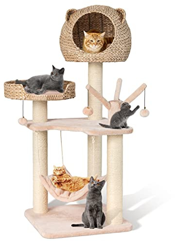 GYMAX Kratzbaum 121 cm Hoch Mehrstöckiger Katzenbaum mit Hängematte & Spielbällen Kletterbaum für Katzen Stabiler Katzenkratzbaum
