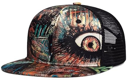 Casquette de baseball en maille snapback personnalisée pour femmes et hommes, style hip-hop, visière plate, réglable, casquette d'extérieur unisexe réglable et respirante, Œil orange graffiti, S-4XL