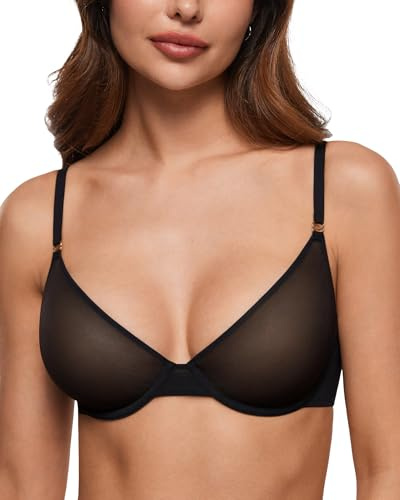 INLYRIC Women's Cosnufy Sheer Bra Unlined Plunge Underwired Mesh Demi See Through Sexy Bras Black 36F