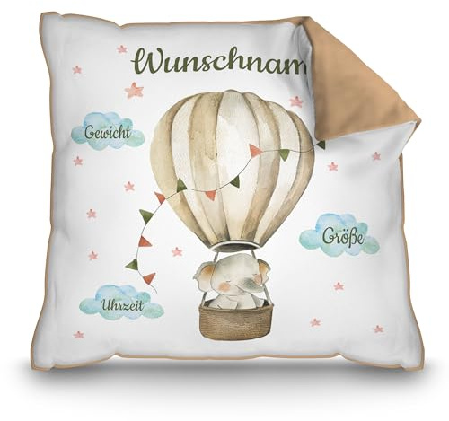 Print Royal PR Personalisiertes Kissen zur Geburt - Elefant im Heißluftballon - Geschenk zur Geburt mit Name und Geburtsdaten Personalisieren | 40 x 40 cm, Rückseite Mokka