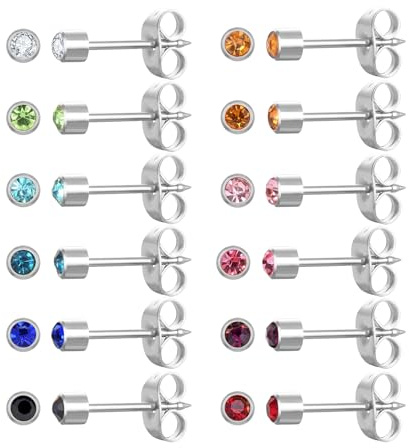 JMFENFA Set di 12 paia di piercing per orecchio, in acciaio inox chirurgico, multicolore, Birthstone Cubic Zirconia per orecchio, piercing, Acciaio inossidabile, argento 3 mm