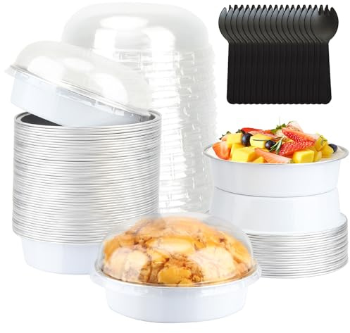 LNYZQUS 4” Small Cake Tins with Lids 50 Pack, Foil Mini Cake Pans,8oz Disposable Ramekins Creme Brulee Baking Cups Individual Mini Pie Contaniers Holders for Wedding Party-White