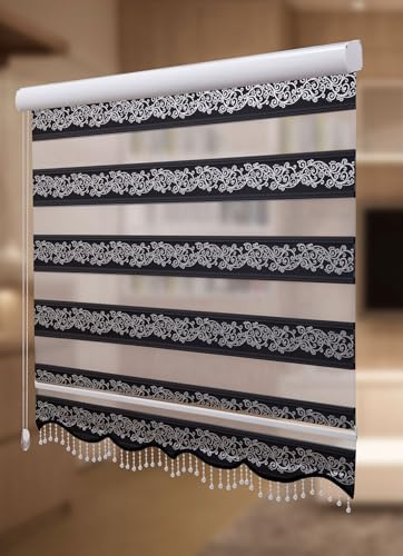 PlisseeOnline Doppelrollo Duorollo mit Alu Kassette und Motiv Rankenmuster und Perlen Blickdicht freihängend Zebra Perde mit Motiv Schwarz Silber Glitzer Breite 80 cm Höhe 250 cm