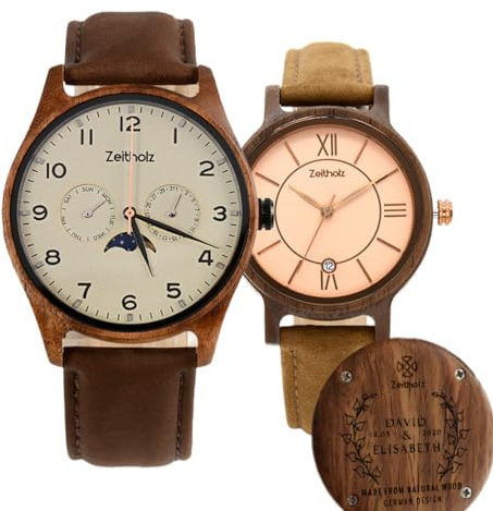 Zeitholz Holzuhren für Paare mit kostenloser Gravur, Anpassbare Geschenke, Klitten Beige 42mm & Rosenbach Rose 36mm. Hergestellt aus Naturholz mit japanischem Quarzwerk.